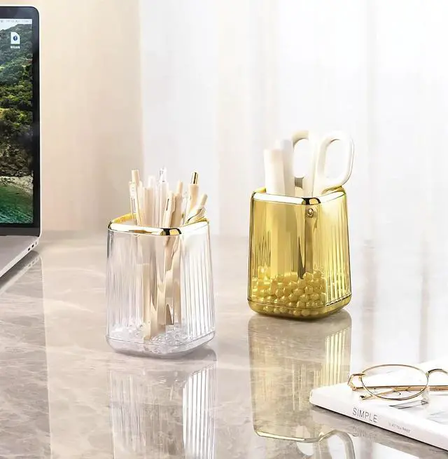 Alt view image 3 of 7 - Acrylic Pen Holder, Cute Clear Gold Desk Organizer for Pencils, Makeup Brushes Toothbrushes with Striped Design for Vanity Bathroom Storage Cup
