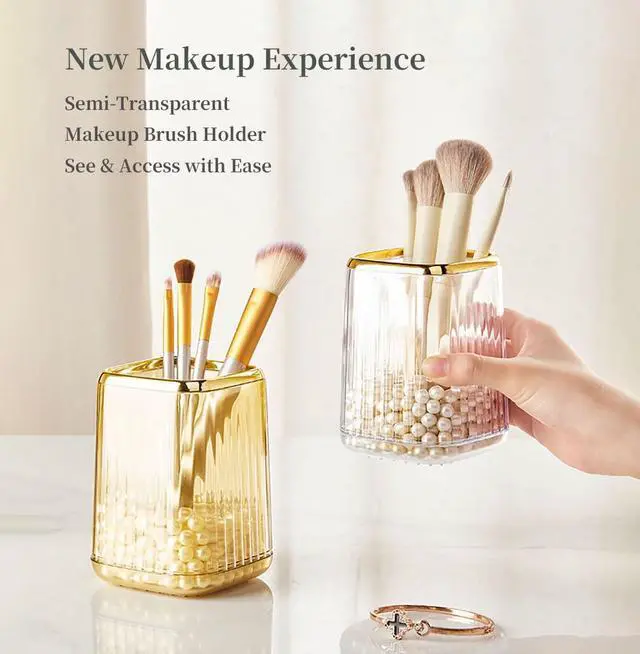 Alt view image 4 of 7 - Acrylic Pen Holder, Cute Clear Gold Desk Organizer for Pencils, Makeup Brushes Toothbrushes with Striped Design for Vanity Bathroom Storage Cup