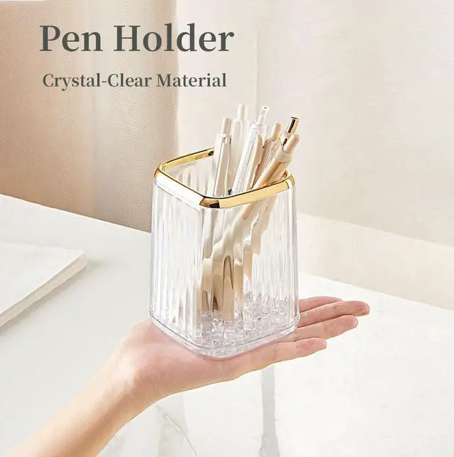 Alt view image 6 of 7 - Acrylic Pen Holder, Cute Clear Gold Desk Organizer for Pencils, Makeup Brushes Toothbrushes with Striped Design for Vanity Bathroom Storage Cup