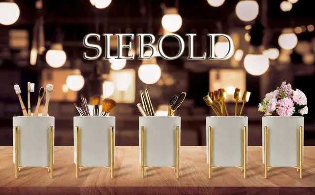 Alt view image 4 of 7 - Gold pencil cup Sturdy metal frame with white ceramic pen holder For desks and kitchen appliance holders