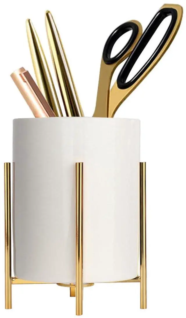 Main image of Gold pencil cup Sturdy metal frame with white ceramic pen holder For desks and kitchen appliance holders