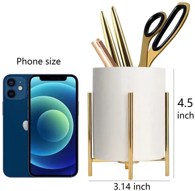 Alt view image 5 of 7 - Gold pencil cup Sturdy metal frame with white ceramic pen holder For desks and kitchen appliance holders