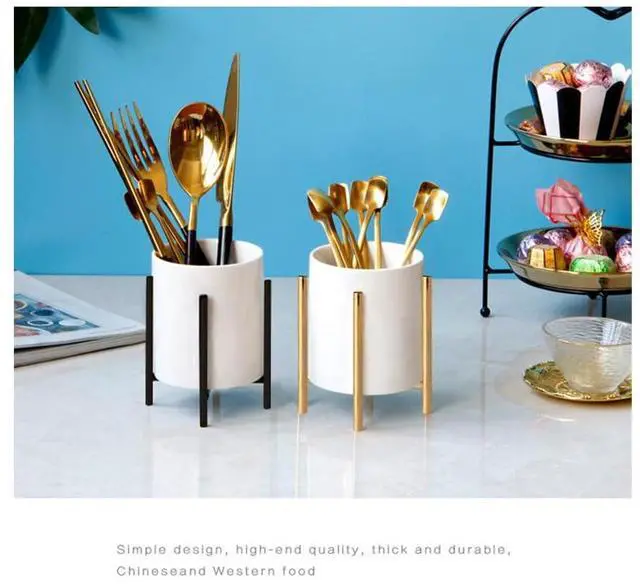 Alt view image 7 of 7 - Gold pencil cup Sturdy metal frame with white ceramic pen holder For desks and kitchen appliance holders