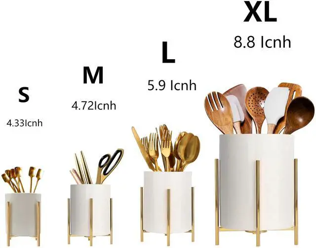 Alt view image 2 of 4 - Gold Pencil Cup Sturdy Metal Frame With White Ceramic Pen Holder For Desks and kitchen Appliance Holders