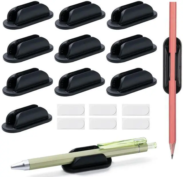 Main image of 10 Pack Adhesive Pencil Holders for Desk,Silicone Flexible Pen Holder for Wall, Office, School,Home,Classroom Must Haves,Teacher Supplies Accessories,Desk Organizer,Art Supply,Small Gift (10, Black)
