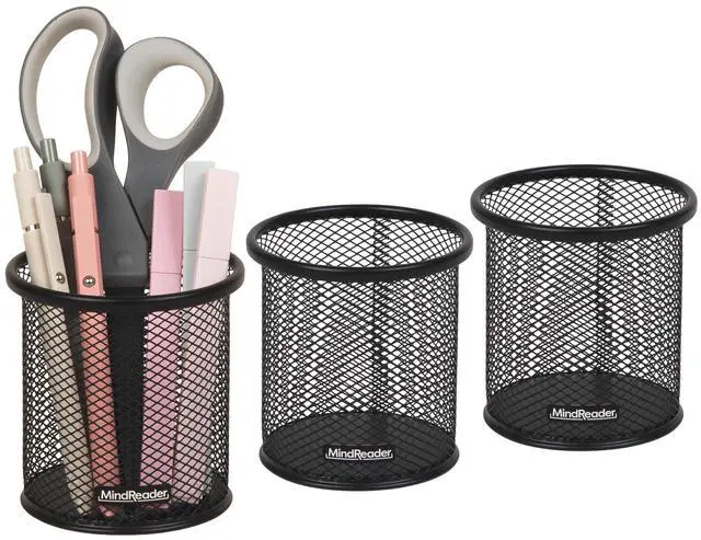 Main image of Pen and Accessories Holder, Desktop Organizer, Office, Metal Mesh, 3.5"L x 3.5"W x 3.75"H, Set of 3, Black