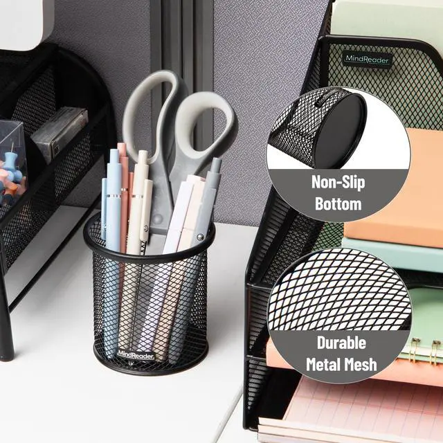 Alt view image 4 of 7 - Pen and Accessories Holder, Desktop Organizer, Office, Metal Mesh, 3.5"L x 3.5"W x 3.75"H, Set of 3, Black