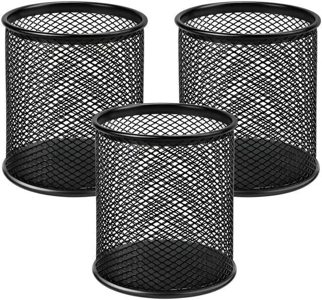Main image of Pen Holder, 3 Pack Pencil Holder for Desk, Premium Mesh Metal Desk Organizer with Non-Slip EVA Pad, Desk Accessories & Workspace Organizers for Home, School & Office, Black, 3.7 Tall