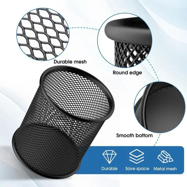 Alt view image 2 of 7 - Pen Holder, 3 Pack Pencil Holder for Desk, Premium Mesh Metal Desk Organizer with Non-Slip EVA Pad, Desk Accessories & Workspace Organizers for Home, School & Office, Black, 3.7 Tall