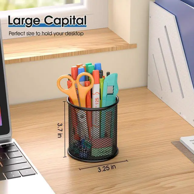 Alt view image 5 of 7 - Pen Holder, 3 Pack Pencil Holder for Desk, Premium Mesh Metal Desk Organizer with Non-Slip EVA Pad, Desk Accessories & Workspace Organizers for Home, School & Office, Black, 3.7 Tall