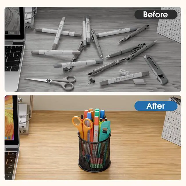 Alt view image 6 of 7 - Pen Holder, 3 Pack Pencil Holder for Desk, Premium Mesh Metal Desk Organizer with Non-Slip EVA Pad, Desk Accessories & Workspace Organizers for Home, School & Office, Black, 3.7 Tall