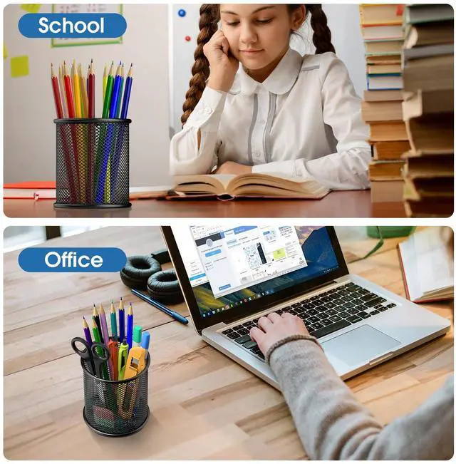 Alt view image 7 of 7 - Pen Holder, 3 Pack Pencil Holder for Desk, Premium Mesh Metal Desk Organizer with Non-Slip EVA Pad, Desk Accessories & Workspace Organizers for Home, School & Office, Black, 3.7 Tall