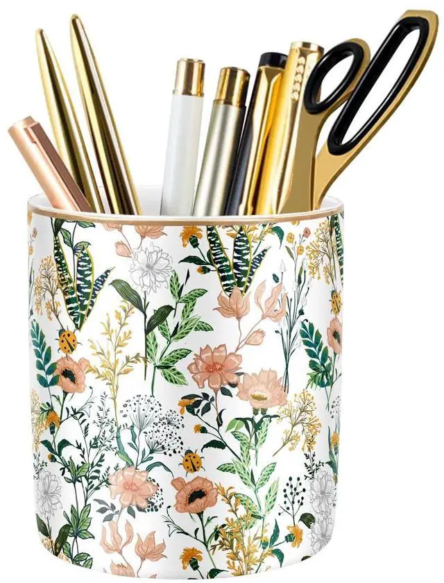 Main image of Large Capacity Colored Pen Holder for Desk, Ceramic Pencil Holder Pen Cup Marker Holder Makeup Brush Holders, Desk Accessories & Workspace Organizers for Home, Office, White Flower