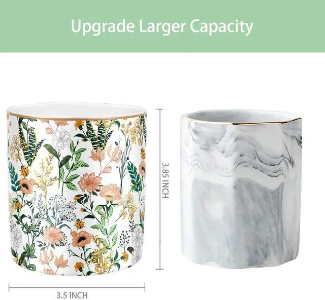 Alt view image 2 of 7 - Large Capacity Colored Pen Holder for Desk, Ceramic Pencil Holder Pen Cup Marker Holder Makeup Brush Holders, Desk Accessories & Workspace Organizers for Home, Office, White Flower