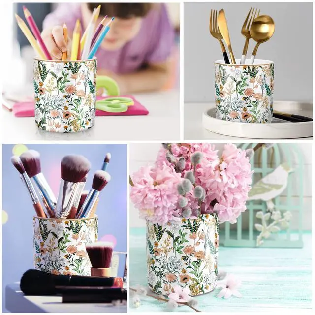 Alt view image 3 of 7 - Large Capacity Colored Pen Holder for Desk, Ceramic Pencil Holder Pen Cup Marker Holder Makeup Brush Holders, Desk Accessories & Workspace Organizers for Home, Office, White Flower