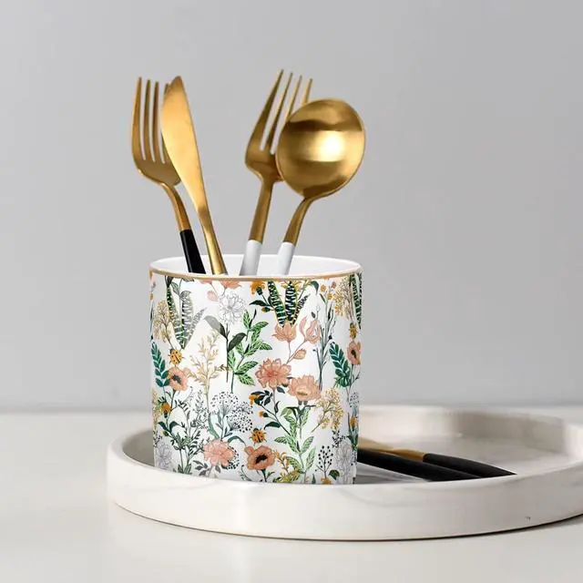 Alt view image 4 of 7 - Large Capacity Colored Pen Holder for Desk, Ceramic Pencil Holder Pen Cup Marker Holder Makeup Brush Holders, Desk Accessories & Workspace Organizers for Home, Office, White Flower
