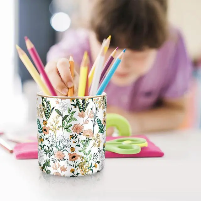 Alt view image 7 of 7 - Large Capacity Colored Pen Holder for Desk, Ceramic Pencil Holder Pen Cup Marker Holder Makeup Brush Holders, Desk Accessories & Workspace Organizers for Home, Office, White Flower