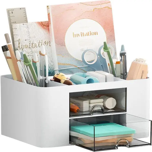 Main image of Pen Organizer with 2 Drawer, Multi-Functional Pencil Holder for Desk, Desk Organizers and Accessories with 5 Compartments + Drawer for Office Art Supplies (White)