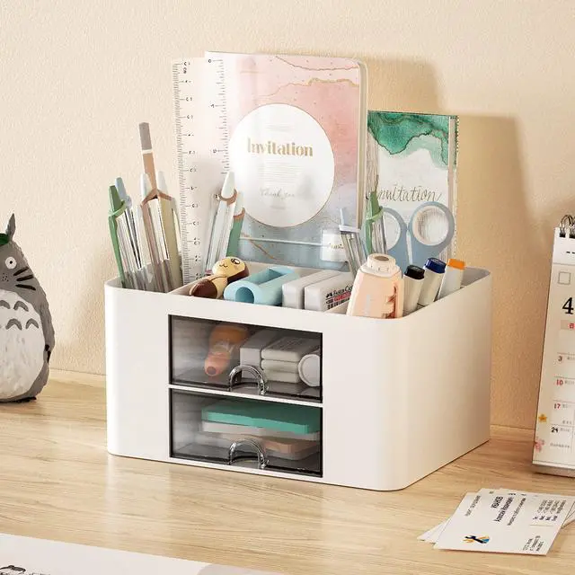 Alt view image 3 of 7 - Pen Organizer with 2 Drawer, Multi-Functional Pencil Holder for Desk, Desk Organizers and Accessories with 5 Compartments + Drawer for Office Art Supplies (White)