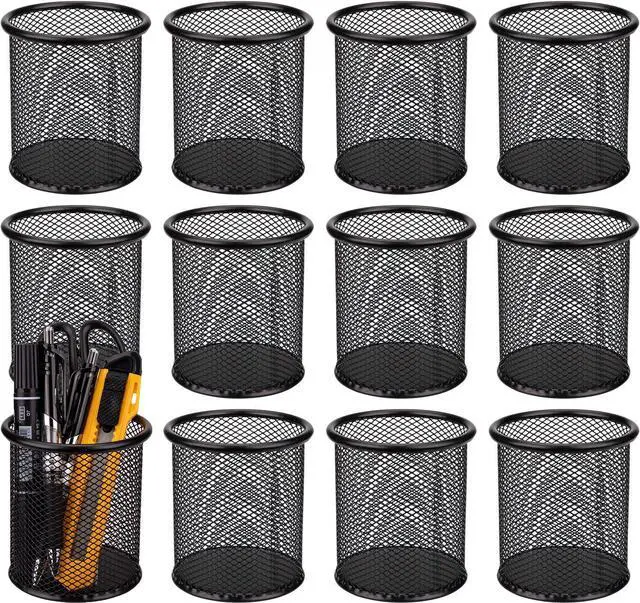 Main image of 12 Pack Metal Pen Holder Wire Mesh Pen Cup Pencil Holder Pencil Cup for Desk Office Pen Organizer, Black