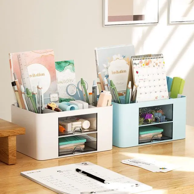 Alt view image 5 of 7 - Pen Organizer with 2 Drawer, Multi-Functional Pencil Holder for Desk, Desk Organizers and Accessories with 5 Compartments + Drawer for Office Art Supplies (White)