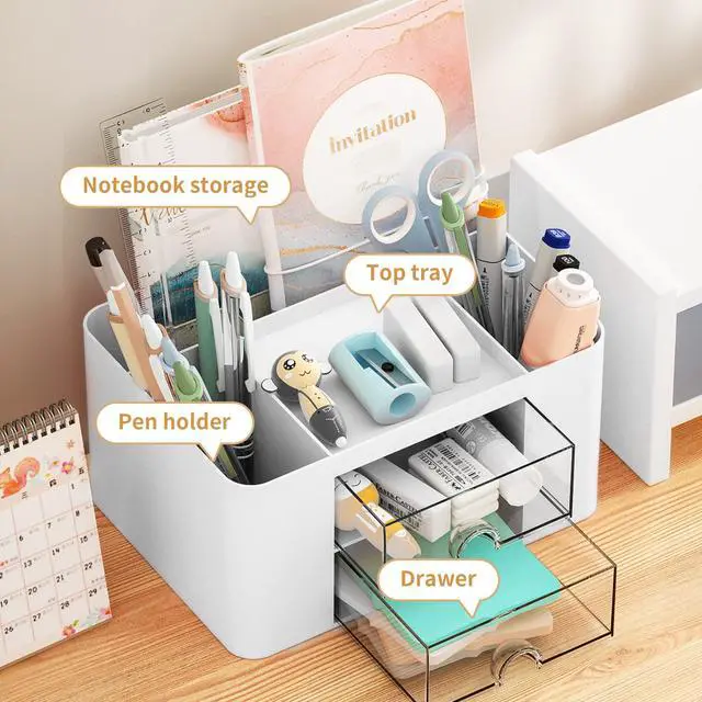 Alt view image 2 of 7 - Pen Organizer with 2 Drawer, Multi-Functional Pencil Holder for Desk, Desk Organizers and Accessories with 5 Compartments + Drawer for Office Art Supplies (White)