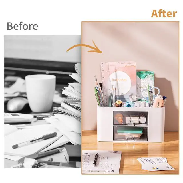 Alt view image 7 of 7 - Pen Organizer with 2 Drawer, Multi-Functional Pencil Holder for Desk, Desk Organizers and Accessories with 5 Compartments + Drawer for Office Art Supplies (White)