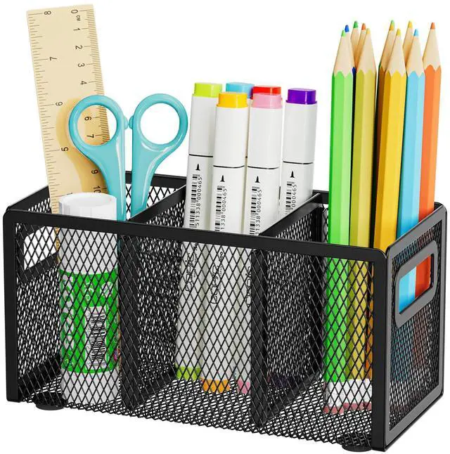 Main image of Mesh Pen Holder for Desk,Pencil Holder Desk Organizer 3 Adjustable Compartments,Pencil Cup with Handle Perfect for Classroom, Office, Home,Makeup,Art (Black)