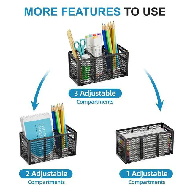 Alt view image 3 of 6 - Mesh Pen Holder for Desk,Pencil Holder Desk Organizer 3 Adjustable Compartments,Pencil Cup with Handle Perfect for Classroom, Office, Home,Makeup,Art (Black)