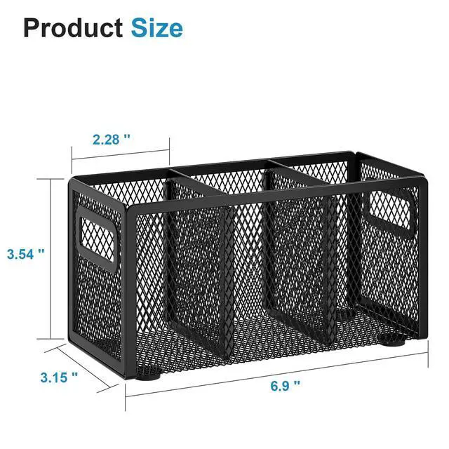 Alt view image 2 of 6 - Mesh Pen Holder for Desk,Pencil Holder Desk Organizer 3 Adjustable Compartments,Pencil Cup with Handle Perfect for Classroom, Office, Home,Makeup,Art (Black)