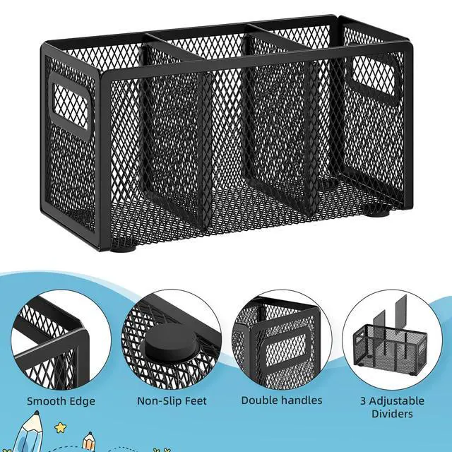 Alt view image 4 of 6 - Mesh Pen Holder for Desk,Pencil Holder Desk Organizer 3 Adjustable Compartments,Pencil Cup with Handle Perfect for Classroom, Office, Home,Makeup,Art (Black)