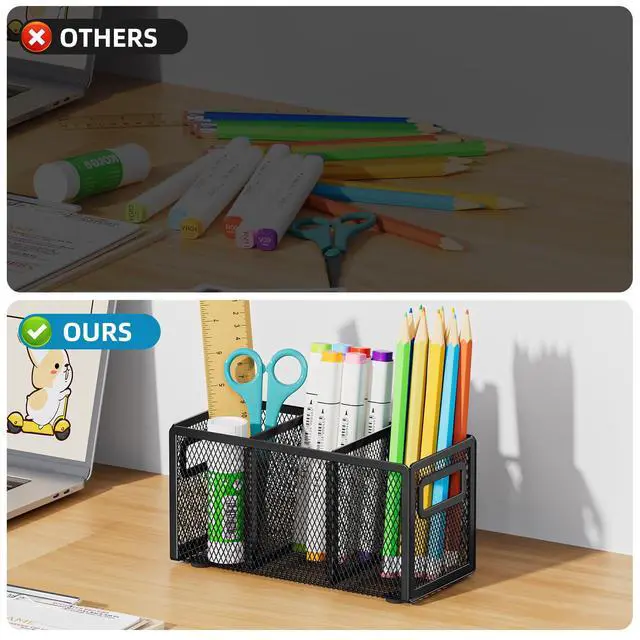 Alt view image 5 of 6 - Mesh Pen Holder for Desk,Pencil Holder Desk Organizer 3 Adjustable Compartments,Pencil Cup with Handle Perfect for Classroom, Office, Home,Makeup,Art (Black)