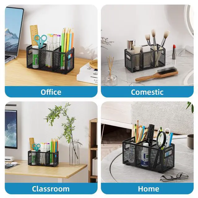 Alt view image 6 of 6 - Mesh Pen Holder for Desk,Pencil Holder Desk Organizer 3 Adjustable Compartments,Pencil Cup with Handle Perfect for Classroom, Office, Home,Makeup,Art (Black)