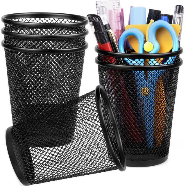 Main image of Mesh Pencil Holder Metal Pen Cup Black for Desk, 6 Pack Office Desk Organizer for Business, School & Home