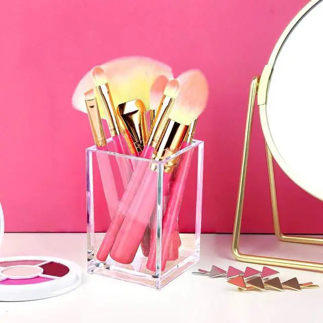 Alt view image 2 of 6 - 2 Pack Clear Acrylic Pencil Pen Holder Cup,Desk Accessories Holder,Makeup Brush Storage Organizer,Modern Design Desktop Stationery Organizer for Office School Home Supplies,2.6x 2.6x 4 inches