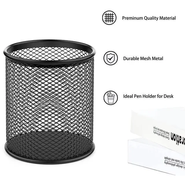 Alt view image 5 of 7 - Pen Holder Mesh Pencil Holder Metal Pen Holder Cup Pencil Cup Holder for Desk Office Pen Organizer Black, 4 Pack
