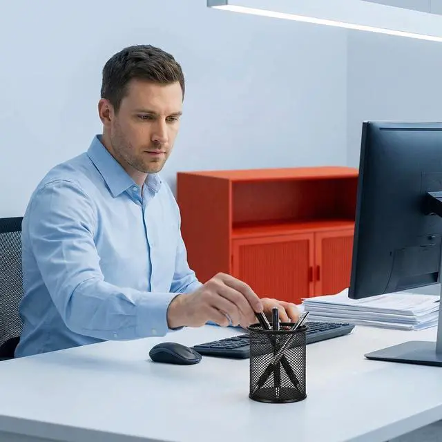 Alt view image 7 of 7 - Pen Holder Mesh Pencil Holder Metal Pen Holder Cup Pencil Cup Holder for Desk Office Pen Organizer Black, 4 Pack