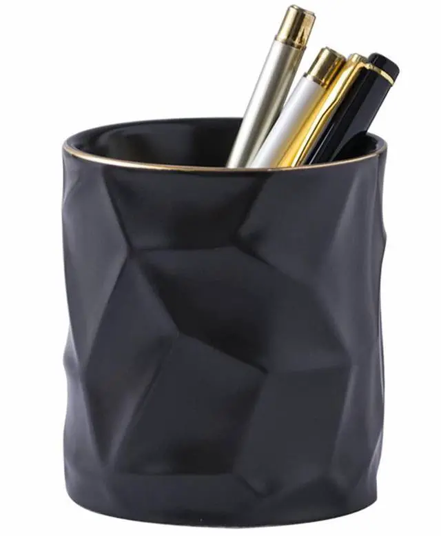 Main image of Ceramic Irregular Round Pen Holder For Desk Cute Stand Gold Line Aesthetic Pencil Cup Pot Desk Organizer for Men Women Makeup Brush Holder (Black)