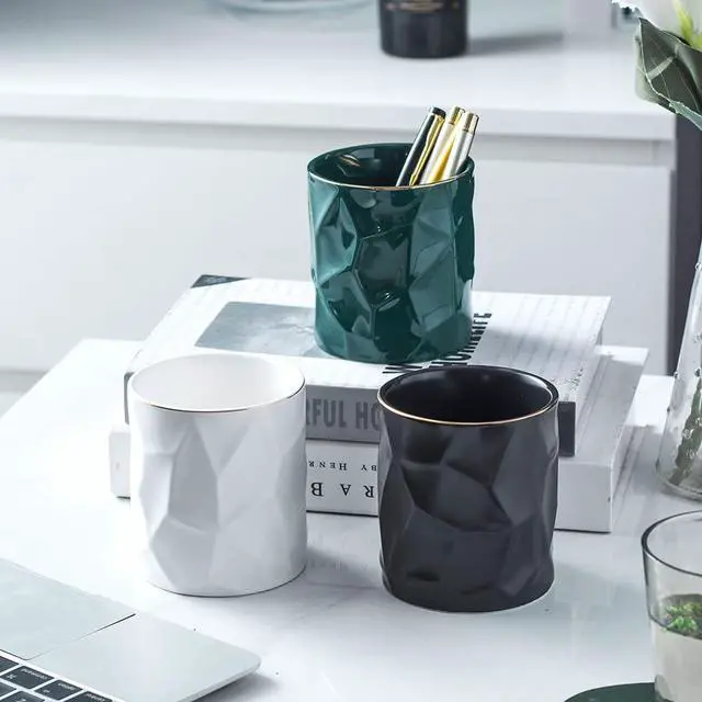 Alt view image 3 of 6 - Ceramic Irregular Round Pen Holder For Desk Cute Stand Gold Line Aesthetic Pencil Cup Pot Desk Organizer for Men Women Makeup Brush Holder (Black)