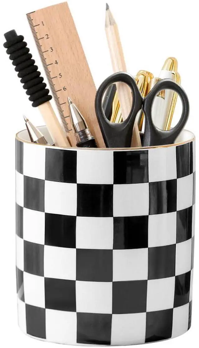 Main image of Ceramic Checkered Pen Holder For Desk Cute Stand Gold Line Pencil Cup Pot Desk Organizer, Office Desktop Decor, Makeup Brush Holder for Girls,Women (Black-white)