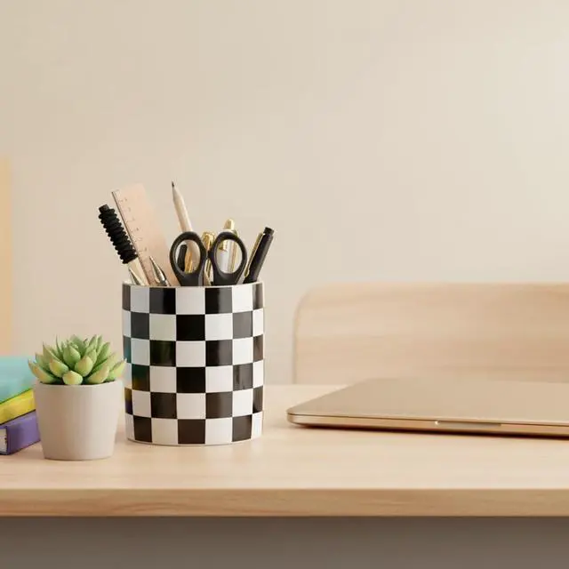 Alt view image 2 of 6 - Ceramic Checkered Pen Holder For Desk Cute Stand Gold Line Pencil Cup Pot Desk Organizer, Office Desktop Decor, Makeup Brush Holder for Girls,Women (Black-white)