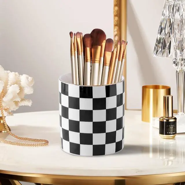 Alt view image 3 of 6 - Ceramic Checkered Pen Holder For Desk Cute Stand Gold Line Pencil Cup Pot Desk Organizer, Office Desktop Decor, Makeup Brush Holder for Girls,Women (Black-white)