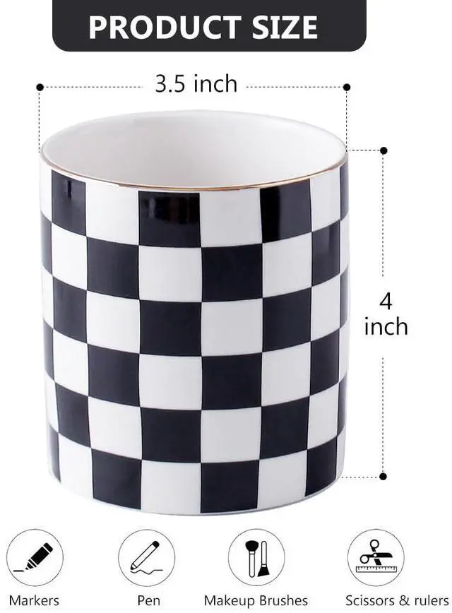 Alt view image 5 of 6 - Ceramic Checkered Pen Holder For Desk Cute Stand Gold Line Pencil Cup Pot Desk Organizer, Office Desktop Decor, Makeup Brush Holder for Girls,Women (Black-white)
