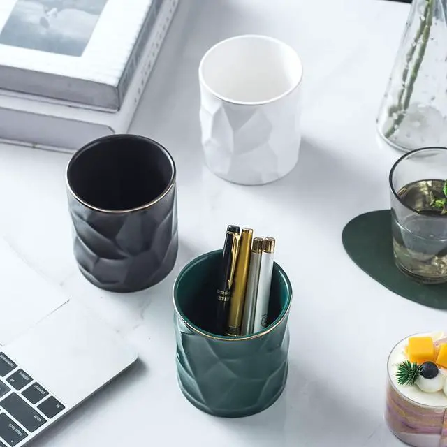 Alt view image 4 of 6 - Ceramic Irregular Round Pen Holder For Desk Cute Stand Gold Line Aesthetic Pencil Cup Pot Desk Organizer for Men Women Makeup Brush Holder (Black)
