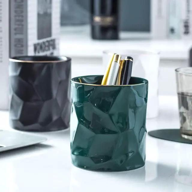Alt view image 5 of 6 - Ceramic Irregular Round Pen Holder For Desk Cute Stand Gold Line Aesthetic Pencil Cup Pot Desk Organizer for Men Women Makeup Brush Holder (Black)