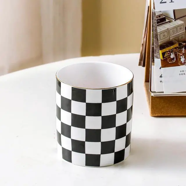 Alt view image 4 of 6 - Ceramic Checkered Pen Holder For Desk Cute Stand Gold Line Pencil Cup Pot Desk Organizer, Office Desktop Decor, Makeup Brush Holder for Girls,Women (Black-white)