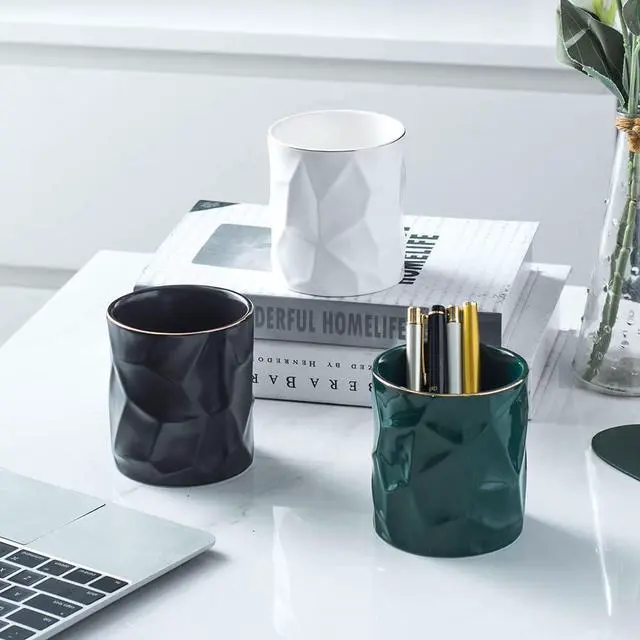 Alt view image 6 of 6 - Ceramic Irregular Round Pen Holder For Desk Cute Stand Gold Line Aesthetic Pencil Cup Pot Desk Organizer for Men Women Makeup Brush Holder (Black)