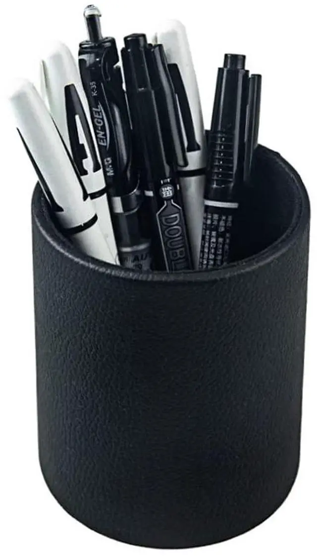 Main image of Pen Pencil Holder Cup Container PU Leather Desk Organizer Stand Decor Brush Scissor Holder Decoration Office Desk Home School (3.3" x 3.3" x 4", Black)