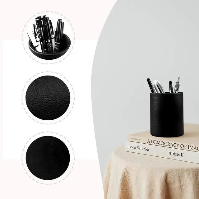 Alt view image 2 of 7 - Pen Pencil Holder Cup Container PU Leather Desk Organizer Stand Decor Brush Scissor Holder Decoration Office Desk Home School (3.3" x 3.3" x 4", Black)
