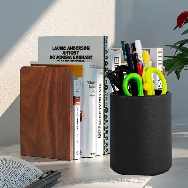 Alt view image 4 of 7 - Pen Pencil Holder Cup Container PU Leather Desk Organizer Stand Decor Brush Scissor Holder Decoration Office Desk Home School (3.3" x 3.3" x 4", Black)